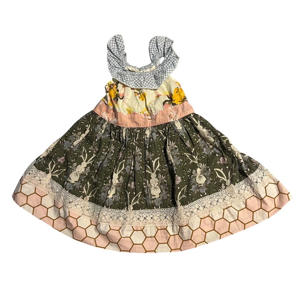 Matilda Jane Platinum Girls Mixed Print Rabbit Floral Lace Ruffle Dress Size 4